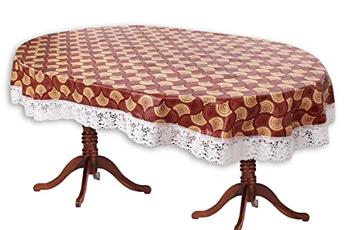 Image of The Furnishing Tree Waterproof PVC Oval Shaped 10 Seater Table Cover WxL 60x120 inches Counterchange Pattern Brick with White Border lace
