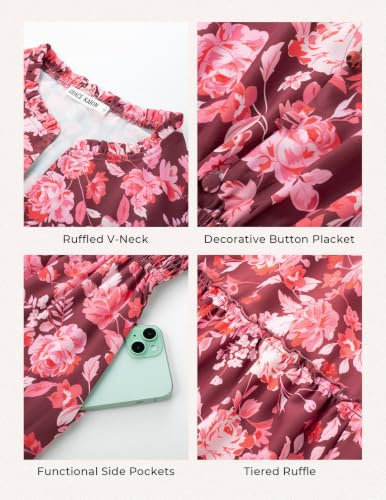 Image of GRACE KARIN Women's Floral Maxi Dress 2026 Fall Long Sleeve V Neck Empire Waist A Line Flowy Dress with Pocket