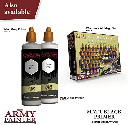 The Army Painter Airbrush Matt Black, butelka z zakraplaczem 100 ml, farba akrylowa, podkład aerografowy do aerografu i malowania, mini wargaming, idealna do gier planszowych