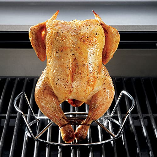 Weber Geflügelhalter aus Edelstahl, mit praktischen Griffen, Halterung für Dose, Gefäss für Flüssigkeiten für knusprige, gleichmäßig gegarte & saftige Hähnchen, spühlmaschinenfest - Silber (6482)