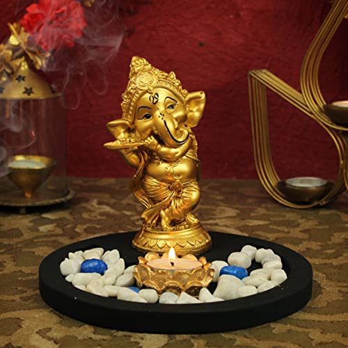 TIED RIBBONS Ganesha Statue Playing Bansuri Figurine with Stones on Wooden Tray Center Piece - Decorative Item for House Warming Home Decoration