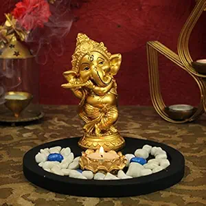 TIED RIBBONS Ganesha Statue Playing Bansuri with with Wooden Flower Tealight Candle Holder Colorful Stones and Wooden Base - Diwali Decoration Items for Home Diwali Gifts Set