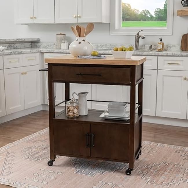 Linon Demaris Dark Walnut Wooden Mobile Kitchen Cart with Natural Butcher Block Top-5U87BkZS