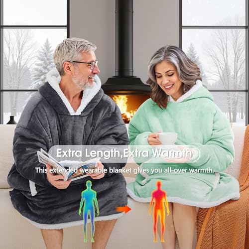 JOYWOO Green Oversized Wearable Blanket Hoodie, Cat lovers Long Hoodie Blanket for Adult,Birthday Gifts for Women Men Mom,Cozy Sherpa Hooded Blanket Giant Pocket Winter Gifts,Sage green Oversize
