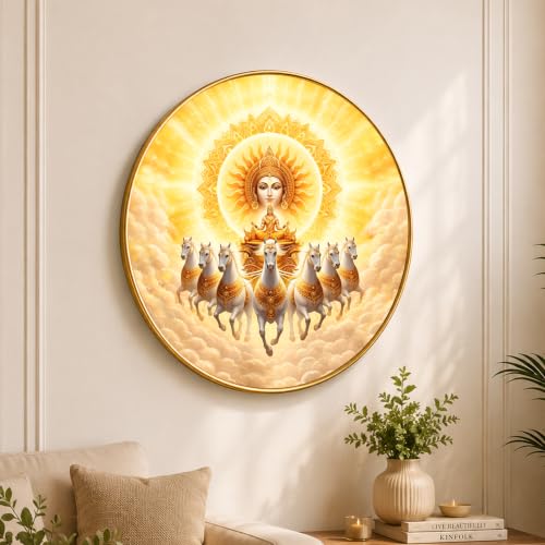 Image of PAINTINGMANTRA 7 Running Horse Wall Art Painting With Frame For Living Room| Seven Horses Surya Dev Vastu Decor Framed Painting | Sun God Spiritual Round Wall Hanging for Home, Office & Gifting, 23 Inch
