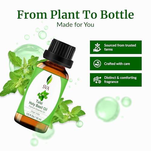 Image of SVA Holy Tulsi Essential Oil in Glass Bottle, 1 /3 Fl Oz (10 ml) | Holy Tulsi Essential Oil for Diffuser, Hair Care, Skin Care, Massage, Soap Making, Perfume Making, Fragrance & DIY Blending