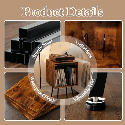 Image of Faesun Flip Top Record Player Stand, End Table Holds up to 100 Albums, Turntable Stand with Record Display, Vinyl Record Storage for Living Room, Bedroom, Rustic Brown
