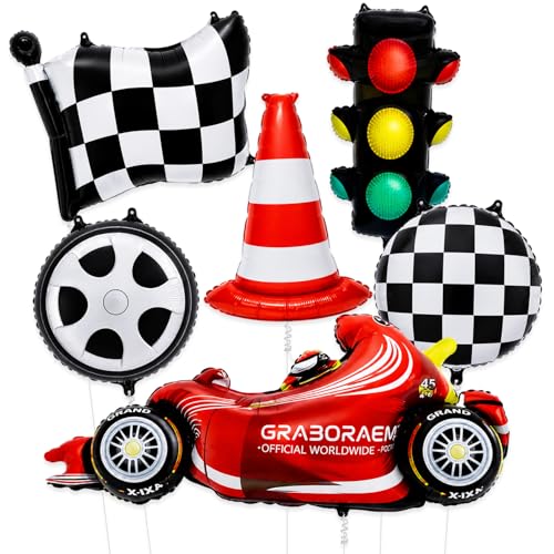 Image of Rozi Decoration Racing Car Theme Foil Balloon Set with Car, Traffic Light, Flag, Cone & Wheel Balloons, 6 Pcs Birthday Decoration Kit for Kids Racing Theme Party