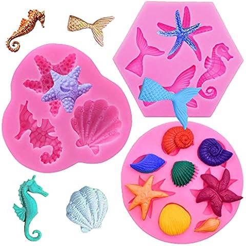 MEZHEN Sea Creatures Fondant Moulds Mermaid Silicone Mould Shell Fondant Mold 3D Fondant Mermaid for DIY Cake Decoration Chocolate Candy Baking Mould 3 Pieces Cover