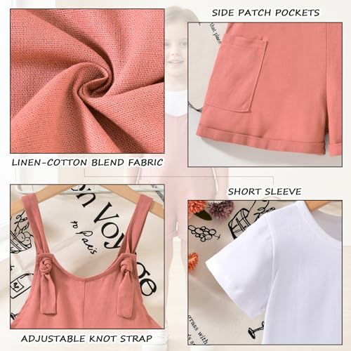 Image of HINTINA Toddler Girl Overall Shorts Set Adjustable Loose Jumpsuit Short Sleeve T-shirt Vacation Summer Outfits with Pockets