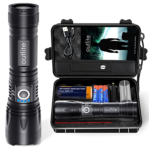 outlite Taschenlampe Led Aufladbar, 10000 Lumen Extrem Hell Typ-C Wiederaufladbare Taschenlampe Batteriebetrieben mit 5000mah 26650 Batterie, Zoomfunktion & 5 Modi, Geschenk Holster & AAA Batterien Cover