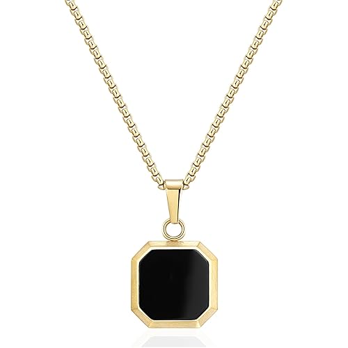 14K Gold Plated Necklace Black Onyx/Opal/Turquoise/Malachite/Lapis Lazuli/Tigers Eye Necklace for Men Women Stainless Steel Square/Rectangle Pendant Necklaces with Box Chain