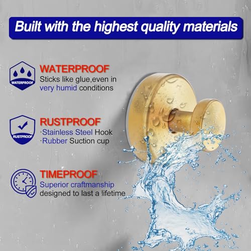 Image of Bntuk Suction Cup Hooks for Shower, Towel Hooks for Bathroom Window Glass, Bath Robe Looafh Hook for Hanging - 2 Pack, Gold