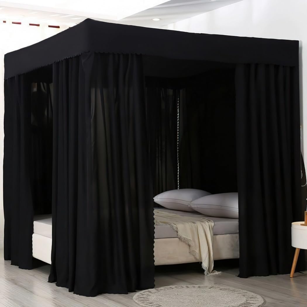 Bed Canopy for Adults, Blackout Bed Post Corners Decor Bedroom Four Curtain, Black Curtains (Black, 59 X 79 X 77 Inches, Queen)