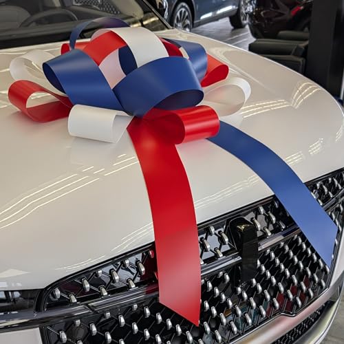 Image of CarBowz Big Car Bow for Decorations and Birthday Gifts, Large Ribbon, Magnet, Safe Sticker, Fully Assembled 30 inch Wide Huge Bow, No Suction Cup Needed (Red /White /Blue)