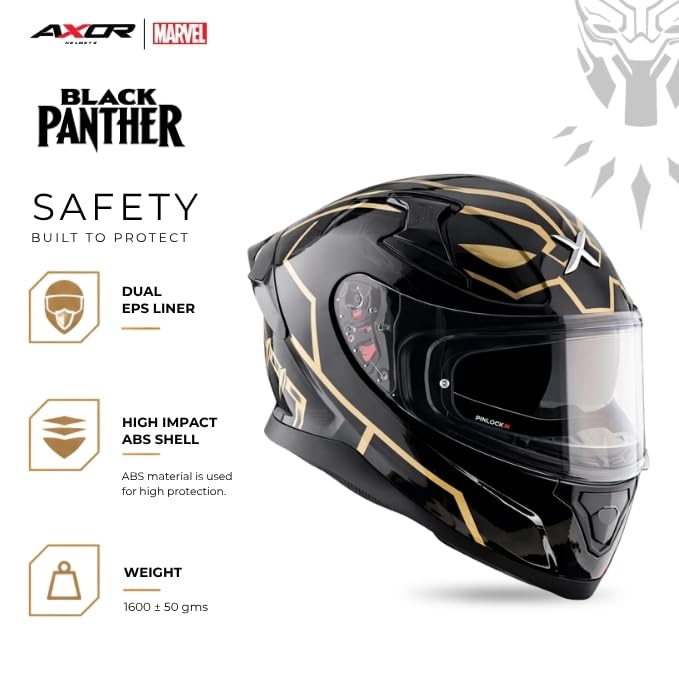 Image of Axor Apex Marvel Black Panther ISI ECE and DOT Certified Full Face Helmet for Men and Women with Dual Visors-Black Gold-L