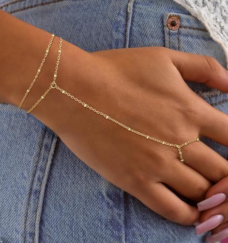 Gold Bracelets for Women Trendy, Dainty Gold Hand Chain Bracelet Stack 14k Gold Plated Finger Ring Bracelet Hand Chain Cz Layered Beaded Gold Bracelets for Women Non Tarnish Gold Jewelry Gift2