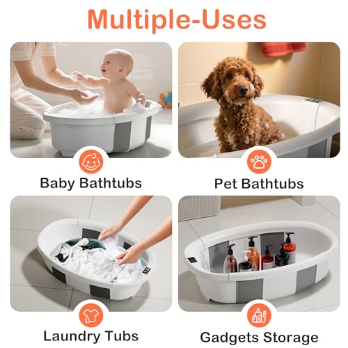 Collapsible Baby Bathtub - Large Baby Bath Tub with Thermometer & Cushion | Travel Portable Newborn Infant Bathtub | Foldable Toddler Bathtub for Baby 0 to 36 Months (Grey) - Image 8
