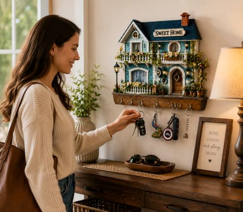 Image of Sweet Home Key Holder for Wall with 6 Hooks | Wooden House Shape Key Stand | Decorative Wall Mounted Key Hanger for Home Entrance, Living Room, Office & Gifts (25 x 25 cm)