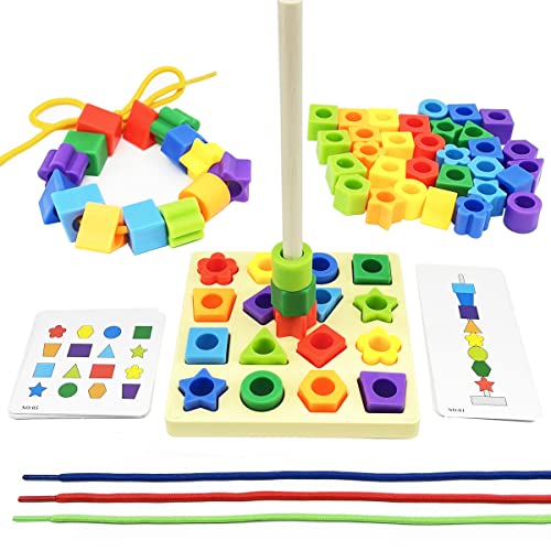 Kutoi 3-In-1 Montessori Fine Motor Toys - Educational Sorting & Stacking Toys - Develop Fine Motor Skills For Kids - Montessori Toys For 1 Year Old +（64 Beads, 4 Strings, Peg Board & Pattern Cards） #TOP7