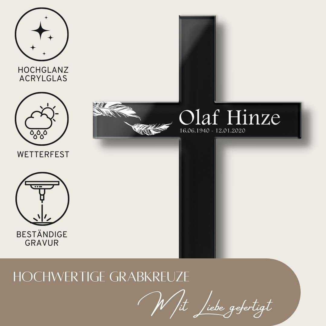 Großes Grabkreuz mit Gravur aus Hochglanz Acrylglas - Grabstecker Kreuz als wetterfester Grabschmuck mit Gravur - Grabdeko für Urnengrab Grab - schöne Trauer Deko Friedhof (Mit Motiven)