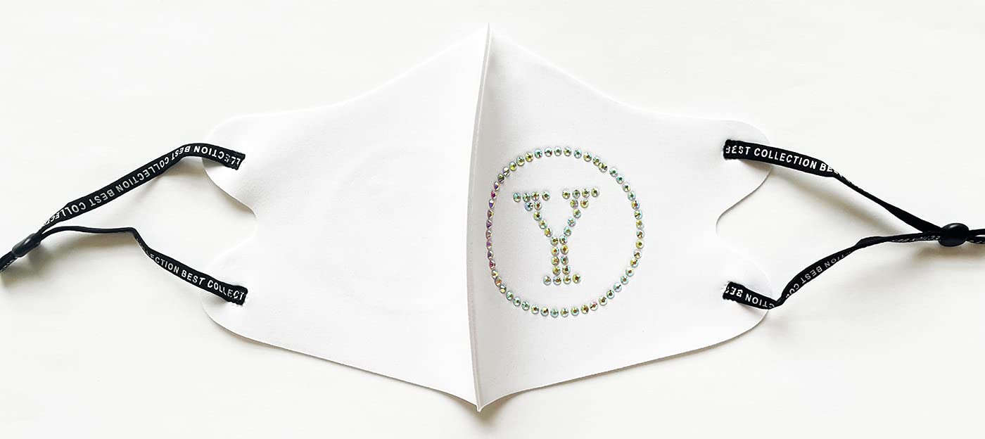 Rhinestone Sparkle Initial Fashion Mask for Women -A, B, C,D,E,G,H,I,J,K,L,M,N,O,P,S,T,U,Y-BLACK,NUDE,CHARCOAL-WHITE (Y-WT)