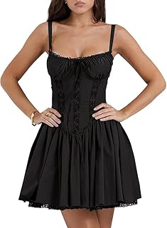 ZPLxi Women's Short Corset Sundress Spaghetti Straps Backless Lace up Low Cut Mini Dress Boho Summer Bustier A-line Dress