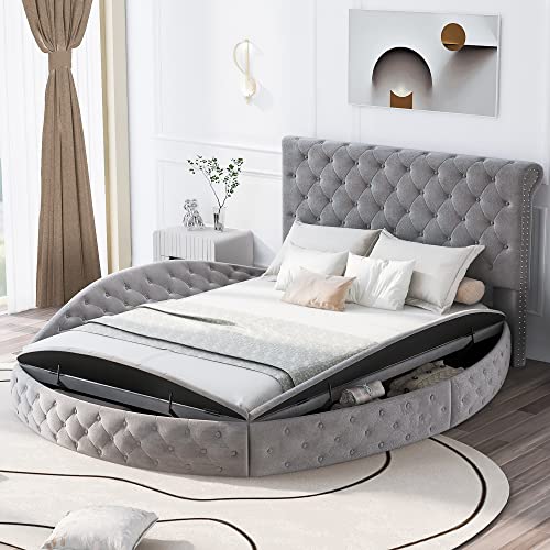 Merax Platform Bed, Upholstered Round Shape Bed Frame With Storage Space On Both Sides, Button Tufted Headboard, Footboard, Frame And Slats, No Box Spring Needed, Queen Size, Gray #TOP3