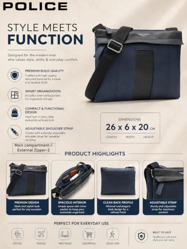 Image of Police Premium Satchel Bag for Men | Stylish Crossbody Sling Bag | Front Utility Pocket | Spacious Main Compartment | Adjustable Shoulder Strap | Everyday Office & Travel Bag | Blue /Black