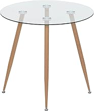 MOG CASA Corin Round Fixed Dining Table | 80 x 80 x 75 cm | Ideal for Kitchen or Living Room | Ideal for 2 to 4 People | Transparent Glass Top | Metal Legs in Imitation Wood