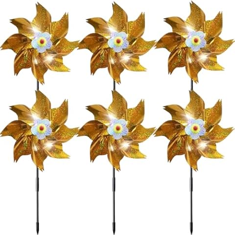 HADEEONG Sparkly Reflective Pinwheels with Stakes, Wind Spinners Outdoor Bird Scare Devices, Foil Pin Wheel Holographic Whirl Windmill for Yard Garden Decor Garden Wind Spinner 6 Packs - Gold Cover
