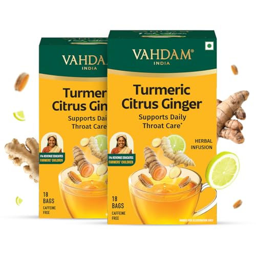 Image of VAHDAM, Turmeric Citrus Ginger Infusion - 36 Bags | Caffeine-Free | Supports Daily Throat Care | Individually Wrapped for Freshness | Turmeric, Cinnamon, Lemongrass, Cardamom, Ginger & Black Pepper