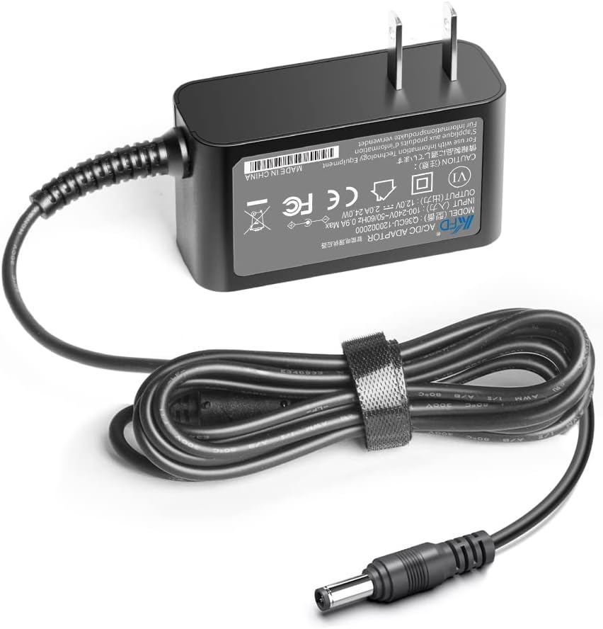 Back label of KFD 12V Charger AC Adapter showing specifications and certifications