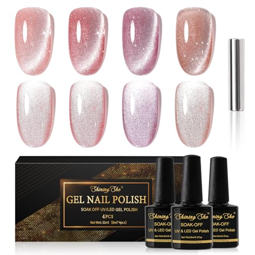 Shining She Cat Eye Gel Nail Polish, 4 Colours Jelly Nude Pink Rose Gold Magnetic Nail Polish with Magnet Soak-Off UV/LED Holographic Cat Eye Gel Polish for Nail Art Salon DIY Home, 8ML
