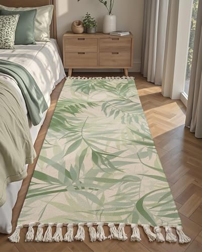 Image of SAGON 2x5 Ft Printed Runner Carpet - Cotton Bedside Rug for Bedroom & Living Room (Green Palm Leaf)