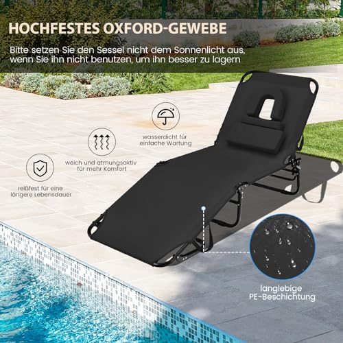 COSTWAY Sonnenliege mit Gesichtsöffnung, klappbare Gartenliege mit 3 abnehmbaren Kissen und 5-Fach Verstellbarer Rückenlehne, Strandliege Liegestuhl für Garten und Poolbereich (Schwarz)