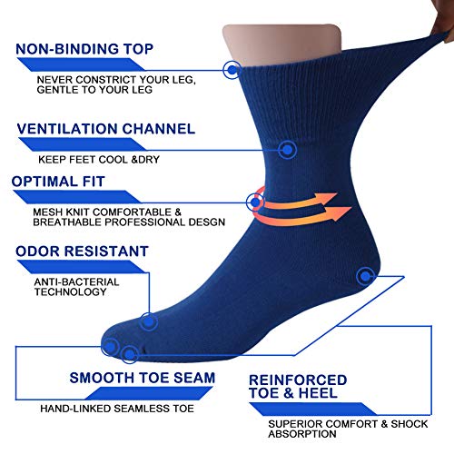 Facool Diabetic Quarter Socks for Men Women, Extra Wide Non-Binding Top Loose Top Casual Ankle Low Cut Cotton Seamless Toe Diabetes Socks 6 Pairs Blue Large