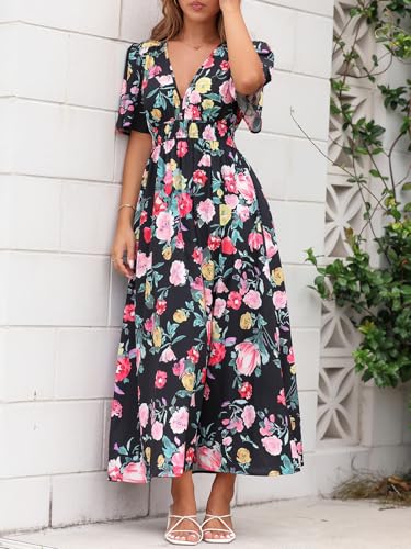 Image of Flessibili Womens Short Sleeve Floral Maxi Dresses 2026 Spring Wedding Guest Party Summer Dress Black Floral X-Large