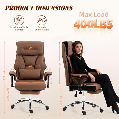 Heavy Duty Leather Office Chair 400lbs Capacity, Big and Tall Executive Computer Desk Chair with 155° Recline and Locking Function,3" Adjustable Armrests, Ergonomic Lumbar Support Pillow for Gaming