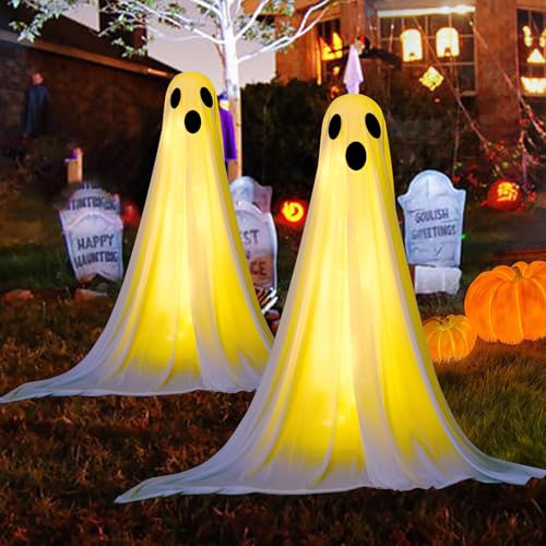 KOYILTD 2 Pcs Halloween Decor Outdoor Light up Ghost Halloween Decor with Lights with Remote Control Ghost Kit Halloween Decoration Easy to Use Ghost Decors for Front Door Porch or Yard (Warm White)