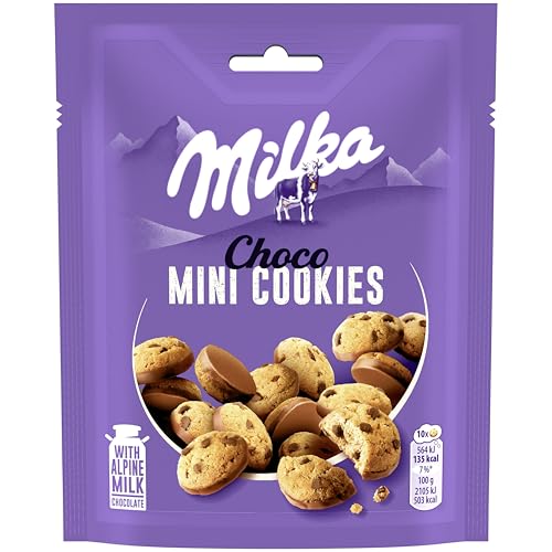 Milka Mini Cookies, Galletas con Pepitas y Recubiertas de Chocolate con Leche de los Alpes, 110g