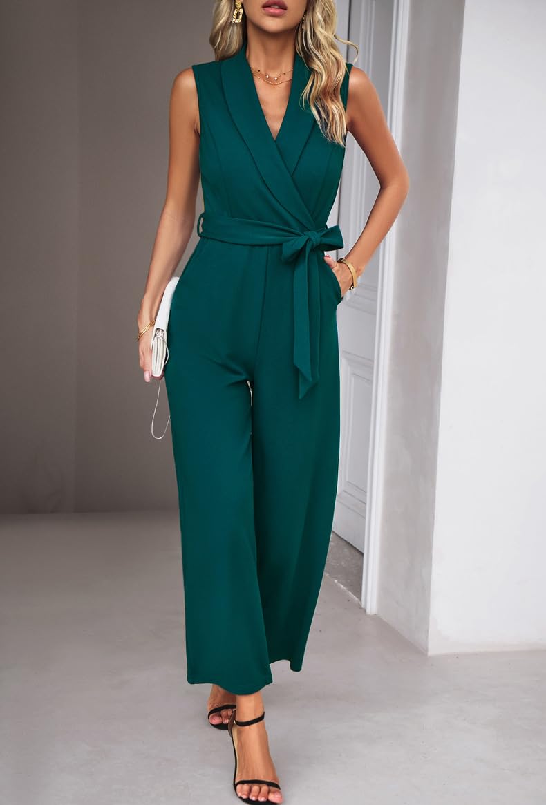 Combishort Femme,Combinaison Ample Sans Manches pour Femme, Tenue Formelle, Noire, Couleur Unie, Tunique À Revers, Ceinture, Pantalon À Jambe Droite, Combinaison Avec Poche, Été, Déco