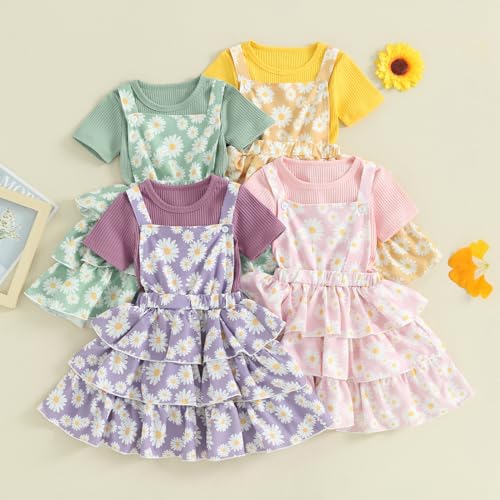 Image of Toddler Baby Girl Summer Clothes Kids Short Sleeve Solid T-Shirt Ruffle Daisy Skirts Overalls Dress Outfit 18M-6T
