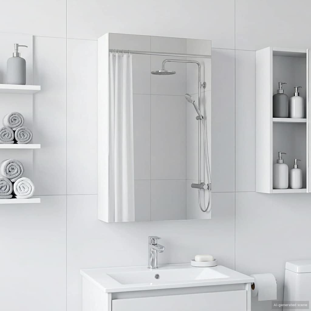 Armadietto da bagno a specchio bianco in legno, 30 x 10,5 x 50 cm, con vano portaoggetti, due ripiani, porta e specchio bidirezionale, per mobili da bagno e lavandino