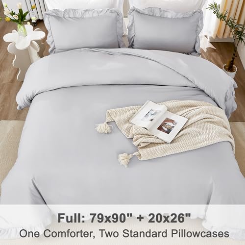 Image of Litanika Light Grey Full Size Comforter Sets, 3 Pieces Ruffle Farmhouse Aesthetic Bedding Comforter Sets, All Season Soft Lightweight Fluffy Microfiber Bed Set(79x90In Comforter, 2 Pillowcases)