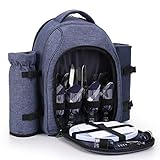 Includes 4 sets of matched stainless steel flatware, plates, napkins, plastic wine glasses & a cheese/butter knife,bottle opener,chopping board & 2 salt/pepper shakers.