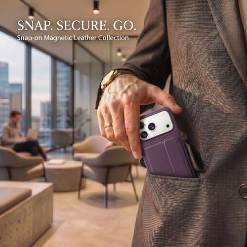 Image of amazon basics Luxury Vegan Leather Back Cover for iPhone 17 Pro | Built-in Card Holder Slot | Integrated Mobile Stand | Slim Shockproof Protective Case with Stitched Finish - Purple