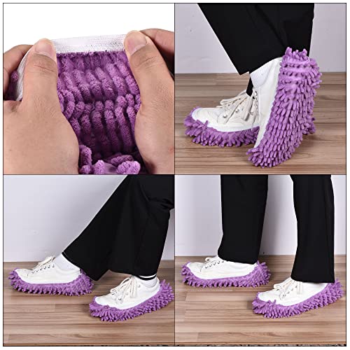 Image of MECCANIXITY Washable Cleaning Shoes Cover Multifunction Chenille Duster Mop Slippers Foot Socks for House Floor, Pack of 4 Purple