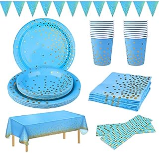 Icnow 127 Pack Party Tableware Set Serve 25 Party Supplies Blue bronzing Foil Paper Plates Napkins Cups Straws Table Linen Banner for Christmas Party Weddings Anniversary Birthday