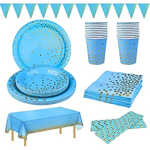 Icnow 127 Pack Party Tableware Set Serve 25 Party Supplies Blue bronzing Foil Paper Plates Napkins Cups Straws Table Linen Banner for Christmas Party Weddings Anniversary Birthday Cover